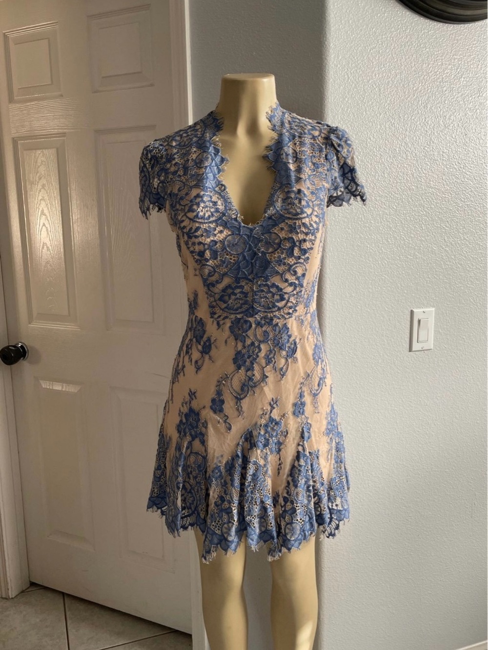 bebe Blue Lace Mini Dress with Nude Lining
